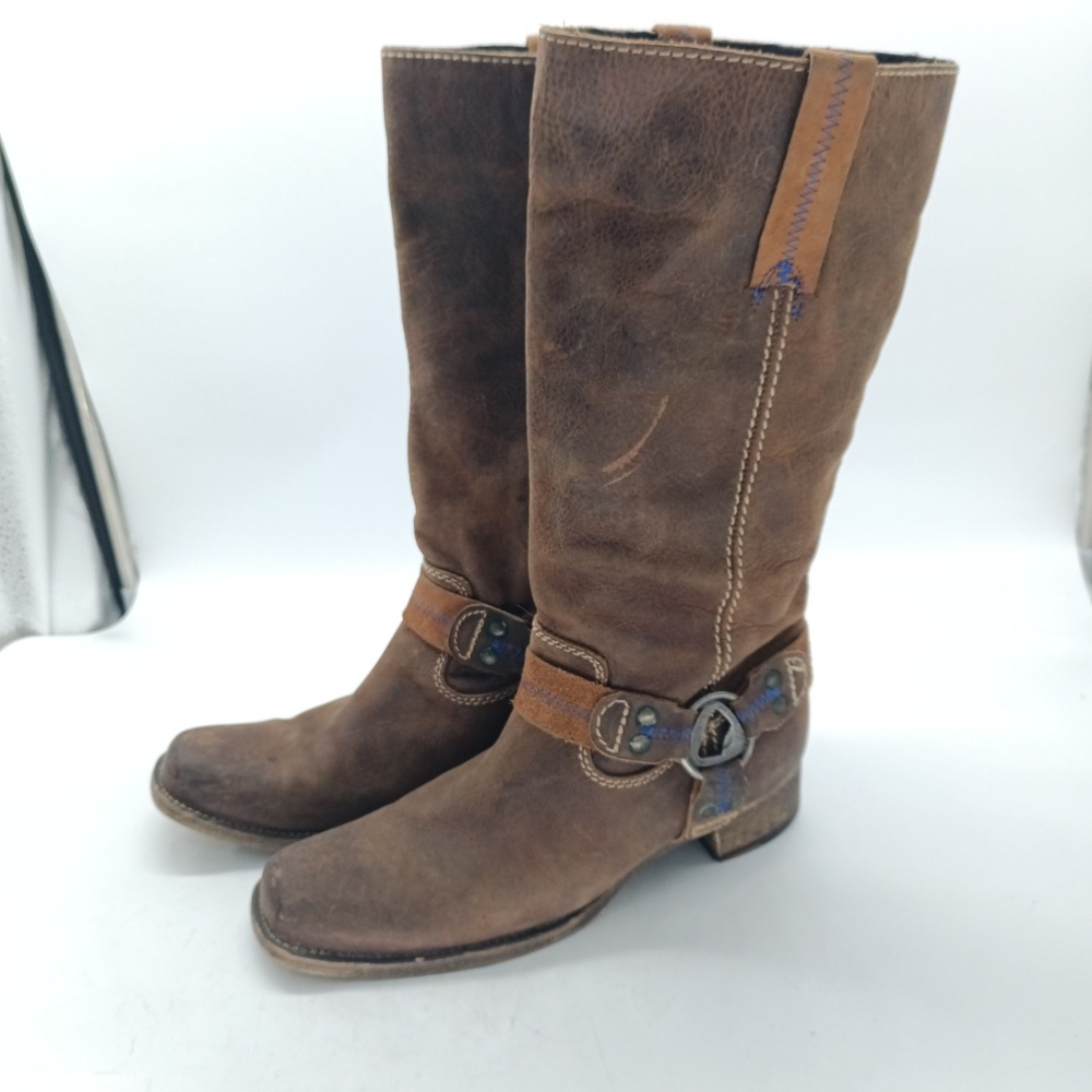 Bed Stu Brown Distressed Leather Tall Harness Boots Womens 9.5 Square Toe s16